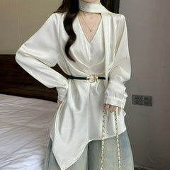 Hnewly Elegant Ladylike Style Satin Ribbon V-neck Shirt Spring Autumn New Fashionable Large-sized Stylish Belt-cinched Loose Top