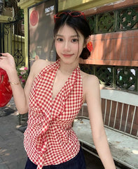 Hnewly Camis Women Plaid Sleeveless Halter Ruffles Bandage Backless Slim Vintage Sweet Casual Sexy Tank Tops Female Summer