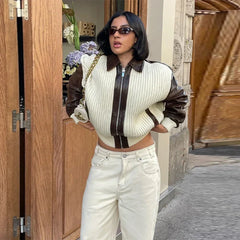 Hnewly Fashion Knit Patchwork Leather Jacket Women Lapel Full Sleeve Zipper Pockets Contrast Coats Autumn Winter Lady Street Coat