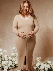 Hnewly Maternity Photography Dress Khaki Ribbed Knit Pregnancy Photoshoot Outfit Long Sleeve Bodycon Gown Maternity Photo Shoot Clothes