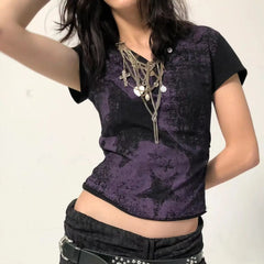 Hnewly Millennium Hot Chick Slimming T-shirt New Summer Subculture Printing Punk Dirty Short Sleeve Tees V-neck Pullover Women Tops