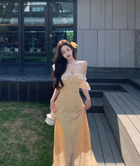 Hnewly Woman Dress Lace Patchwork Ruffles Off Shoulder Summer Fashion French Style Chic Elegant Party Dresses Female Casual