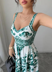 Hnewly Women's Elegant and Minimalist Sleeveless Maxi Dress, Floral Baroque Print with V - Neck and Tiered Skirt