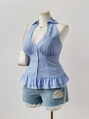 Hnewly Oversized Women's Sleeveless Pleated Hem Casual Shirt Blue Striped Shirt V-Neck Beach Resort Backless