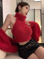 Hnewly Simple Long Sleeve Knitted Cardigan Coat Women Turtleneck Slim Fit Vest Autumn Winter New Waterproof Mink Two Piece Sets