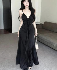 Hnewly Women Dress Sexy V Neck Sleeveless Backless Ruffles Ribbon Backless Elegant Temperament Party Dresses Ladies Fashion