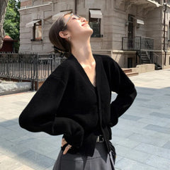 Hnewly Women's Petite V-Neck Cardigan Soft Button Front Cropped Sweater Jacket Fall Winter 2025 Elegant Chic Outfit