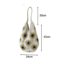 Hnewly Female Large Capacity Handmade Woven Shoulder Bag Flower Handbag Crochet Cotton Vacation Casual Tote