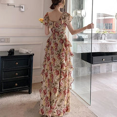 Hnewly French Elegant 2000s Vintage Dress Women Floral Floor-Length Sexy Wedding Party Long Boho Dress Beach Style 2024 Summer Y2k Chic