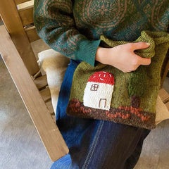 Hnewly Mushroom House Tote Bags for Women Handbag Handmade Yarn Woven Bag Cute Crochet Shoulder Bag Wool Knitting Shopper Purses Clutch