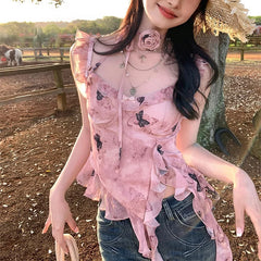 Hnewly summer inspo y2k Tank Top Women Fairycore Clothing Butterfly Print Ruffle V Neck Sleeveless Vest with Flower Choker 2000s Streetwear
