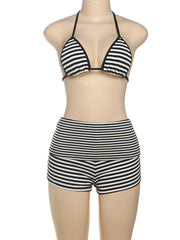 Hnewly Stripe Print Thin Women 2 Piece Set Y2K Summer Vacation Halter Bandage Bra Tops+Shorts Matching Beach Party Clubwear