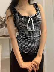 Hnewly Sweet Bow Ruffles Plaid Tank Top Slim Square Collar Sleeveless Tank Tops Women 2024 Summer Fashiion Streetwear Ladies