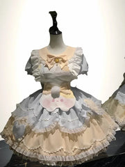 Hnewly Japanese Cute Sweet Lolita OP Dress Kawaii Bow Lace Ruffles Cat Apron Short Puff Sleeve Dress Set Summer Women Clothing