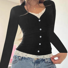 Hnewly Contrast Lace Stitching Cropped Top Women Autumn Fake Two-piece Patchwork Full Sleeve T Shirt y2k Vintage Casual T-shirts