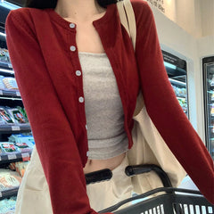 Hnewly Red Cardigan Knit Early Autumn Women Clothes New Outdoor Crop Sweater Outerwear Long Sleeve Top Bottoming Shirt
