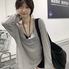 Hnewly T Shirts Women Slash Neck Long Sleeve Tops Solid Stretch Women's Summer Sexy Club Tshirt Korean Loose Tees Streetwear Clothes