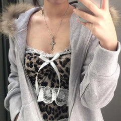 Hnewly Vintage Leopard Print Crop Top Lace Ruched Patchwork Bow Camis Summer Casual Sleeveless Tees y2k Aesthetic Women Clothing