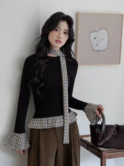 Hnewly Korean Chic Patchwork Women Black Pullover Autumn New Plaid Stitching Fake 2 Pieces Top Sweet Bow Tie Long Sleeve T Shirts Mujer