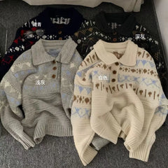 Hnewly Woman Fair Isle Sweater Polo Collar Button Front Cozy Knit Pullvers Jumper Female Autumn Winter Preppy Vintage Outfit