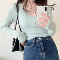 Hnewly Women's T Shirts Long Sleeve Slim Lace Button Kawaii Tshirts Female Y2k Tops Casual Tees Pulovers 2024 Spring New Woman Clothin