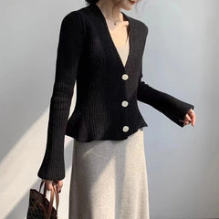 Hnewly Flared Sleeve Cardigan for Women Ruffled Hem Rib Knit Long Sleeve V-Neck Button Up Sweater Jacket Autumn Winter Elegant Outfit