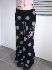 Hnewly Harajuku Polka Dot Wide Leg Trousers Y2k Aesthetic Women Letter Printing Casual Pants Vintage Grunge Drawstring Loose Pantalones