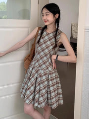 Hnewly Cute Casual Plaid Dress Women Sweet Japan Preppy Style Mini Dress Vintage Slim Female O Neck Sleeveless Kawaii Vestidos New