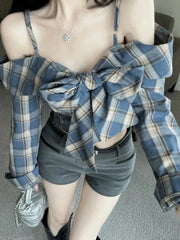 Hnewly Off Shoulder Bow Plaid Shirt Women Long Sleeve Slim Vintage Blouse Sexy Cropped Korean Female Sweet Retro Tops New Spring