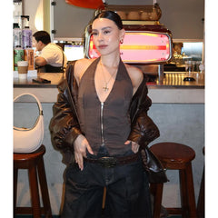 Hnewly Sexy Women's Backless Halter Vest Street Slim Stripe Zipper Sleeveless Female Tanks Spring Summer Lady Vacation Y2k Tops