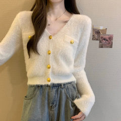 Hnewly Fuzzy Knit Crop Cardigan with Gold Button Long Sleeve V-neck Fitted Sweater Jacket Teen-girl Autumn Winter Y2K Outfit