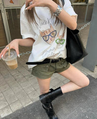 Hnewly Women T Shirts Vintage Cartoon Cat Printed Short Sleeve Loose Summer Fashion Funny Tops Female Casual Tshirt