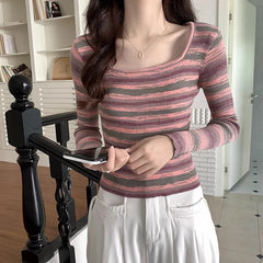 Hnewly y2k Tops Women Casual Clothes Striped Square Neck Long Sleeve Knitted T Shirts 2000s Aesthetic Clothing Streetwear