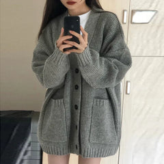 Hnewly Autumn Winter Women Cardigan Sweater Coats Fashion Female Long Sleeve V-neck Loose Knitted Jackets Casual Sweater Cardigans