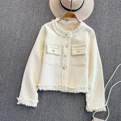 Hnewly Woven Tweed Jacket Women Autumn Winter New Slim O-neck Single Breasted Coat Elegant Raw Edge Tassel Long Sleeve Blazer