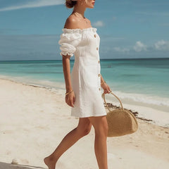 Lunivop Elegant Ruffles Shirt Dress Summer Clothing Women Puff Sleeve Slash Neck Bandeau Mini Dresses Birthday Evening Party Dress