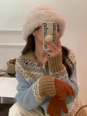 Hnewly Zip Up Fair Isle Sweater Cardigan Thick Warm Knit Zipper Front Sweater Jacket Cozy Knitwear Teen-girl Fall Winter Vintage Outfit