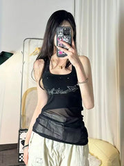 Hnewly Retro Halter Neck Camis for Women Summer Sexy U Neck Streetwear Sleeveless Crop Tops Y2K Aesthetic Mesh Patchwork Hot Girls Tank