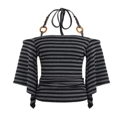 Lunivop Euramerican Chic Fashion Vintage Halter Beading T Shirts Y2k High Street Flare Sleeve Summer Clothes Harajuku Casual Striped Top