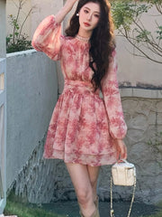 Hnewly Women's New Elegan Print t Dresse Fashion A-Line O-Neck Lantern Sleeve Slim Waist Short Vestidos FrenchCasual Holiday Summer