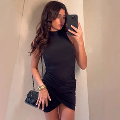 Hnewly Sleeveless Sexy Mini Dress For Women Turtleneck Ruched Tank Dress Female Elegant Club Party Dress Slim Summer New