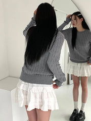 Hnewly BACK TO SCHOOL OUTFIT Harajuku Gray Casual Sweater Y2K Knitted Long Sleeve Autumn Sweaters for Women Vintage Crew Neck Basic Jumper Korean