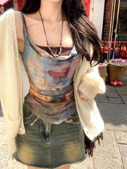 Hnewly 2000s Vintage Y2k Crop Top Women Casual Print Camisole Shirts Sexy Bodycon Slim Fit Outwear Fashion Chic Tank Top Vest Beach