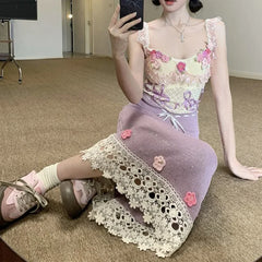 Hnewly Heavy-Work Knitted Purple Strap Dress Women's French Vintage Design Sensation Beauty Flower Banquet Empire Waist Gown