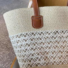 Hnewly Beige Simple Hollow Out Tote Bag Women Straw Woven Large Capacity Shoulder Bag Ladies Fashion Casual Beach Vacation Tote Bag New