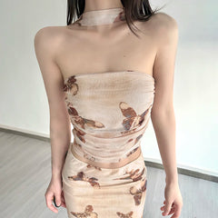 Hnewly Retro Butterfly Print Halter Tube Top Summer Casual Sleeveless Skinny Cropped Tops for Women Vintage 2000s Tees Aesthetic