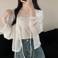 Hnewly Bow Front Cardigan for Women Petite Teen-girl Sheer Long Sleeve Tie-up Blouse Knit Top Beach Cover Up Y2K Fairycore Outfit