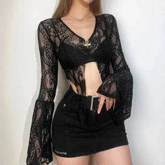 Hnewly Sexy See Through Mesh Women Blouse Fashion Gothic V Neck Flare Sleeve Sunscreen Cardigan Y2K Summer Hot Girls Lace Crop Tops