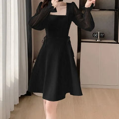Hnewly A-line Women Dressse Chiffon Sleeves Spring Autumn Solid Elegant Mini Dress Bandage Korean Fashion Vestidos Mujer