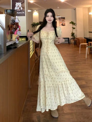 Hnewly Women Dresses Floral Printed Puff Short Sleeve Bandage Summer Fashion Ruffles Square Collar Sweet Elegant Dress Female